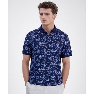 Club Room Polo Shirt Mens Small Blue Short Sleeve All Over Print Fox Pique NWT